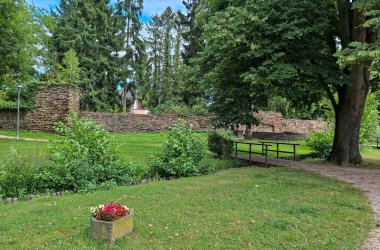 Dieses Foto zeigt einen Teil der Stadtmauer am Harbachpark
