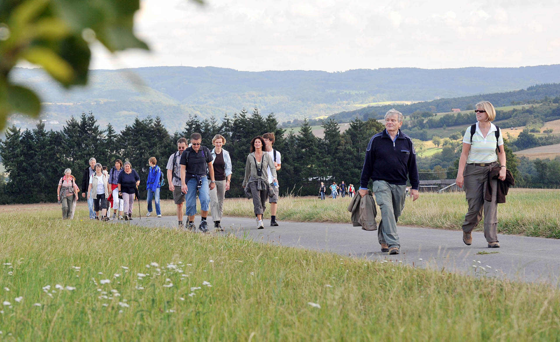 Dieses Foto zeigt Wanderer, die durch ein Feld gehen