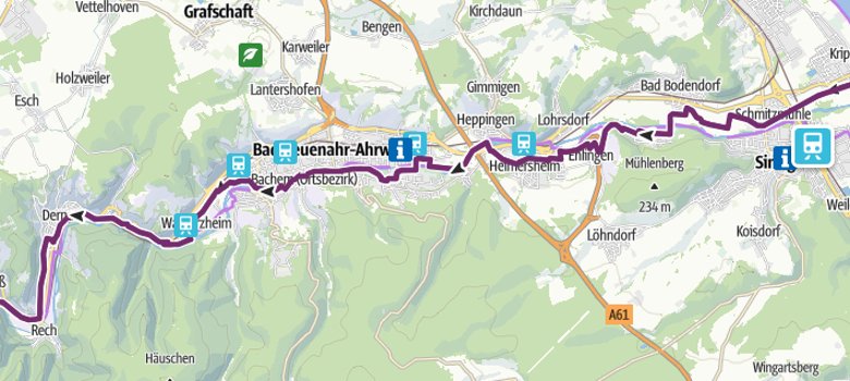 Dieses Bild zeigt die Route des Ahrradweges zwischen Sinzig und Mayschoß