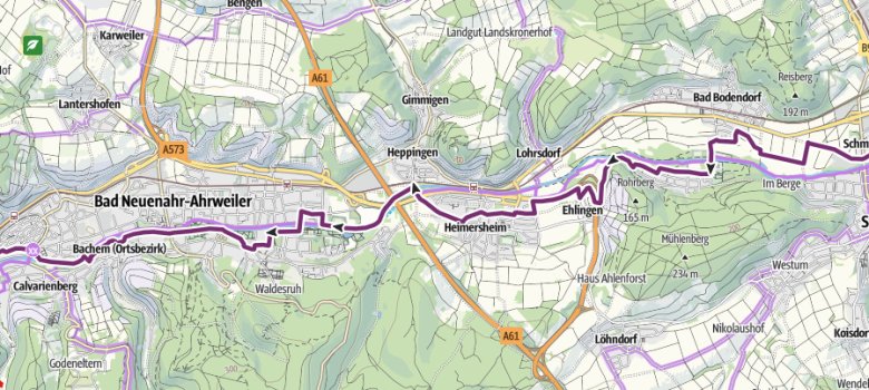 Route Ahr-Radweg zwischen Sinzig und Walporzheim Dieses Foto zeigt eine Karte, auf der der Ahr-Radweg zwischen Walporzheim und Sinzig markiert ist.