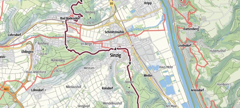 Route 2. Etappe RheinBurgenWeg Dieses Foto zeigt eine Karte, auf der die Route der 2. Etappe des RheinBurgenWegs markiert ist