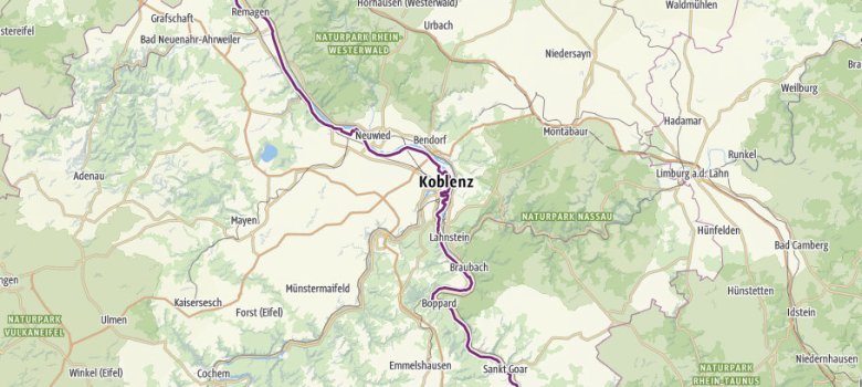 Dieses Foto zeigt eine Karte, auf der die Route des Rheinradwegs markiert ist