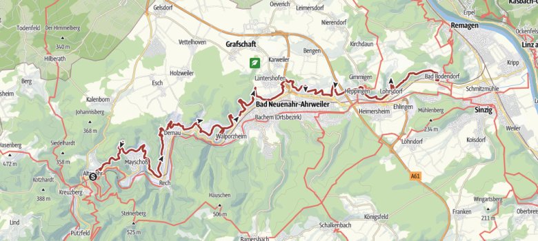 Route Rotweinwanderweg Dieses Foto zeigt eine Karte, auf der die Route des Rotweinwanderwegs markiert ist